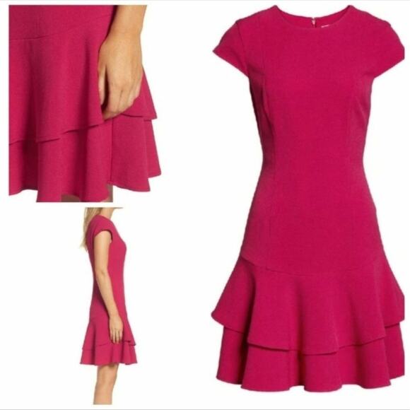 NWT Eliza J stretch ruffle crepe berry short sleeve mini dress woman's size 16 - Picture 11 of 11